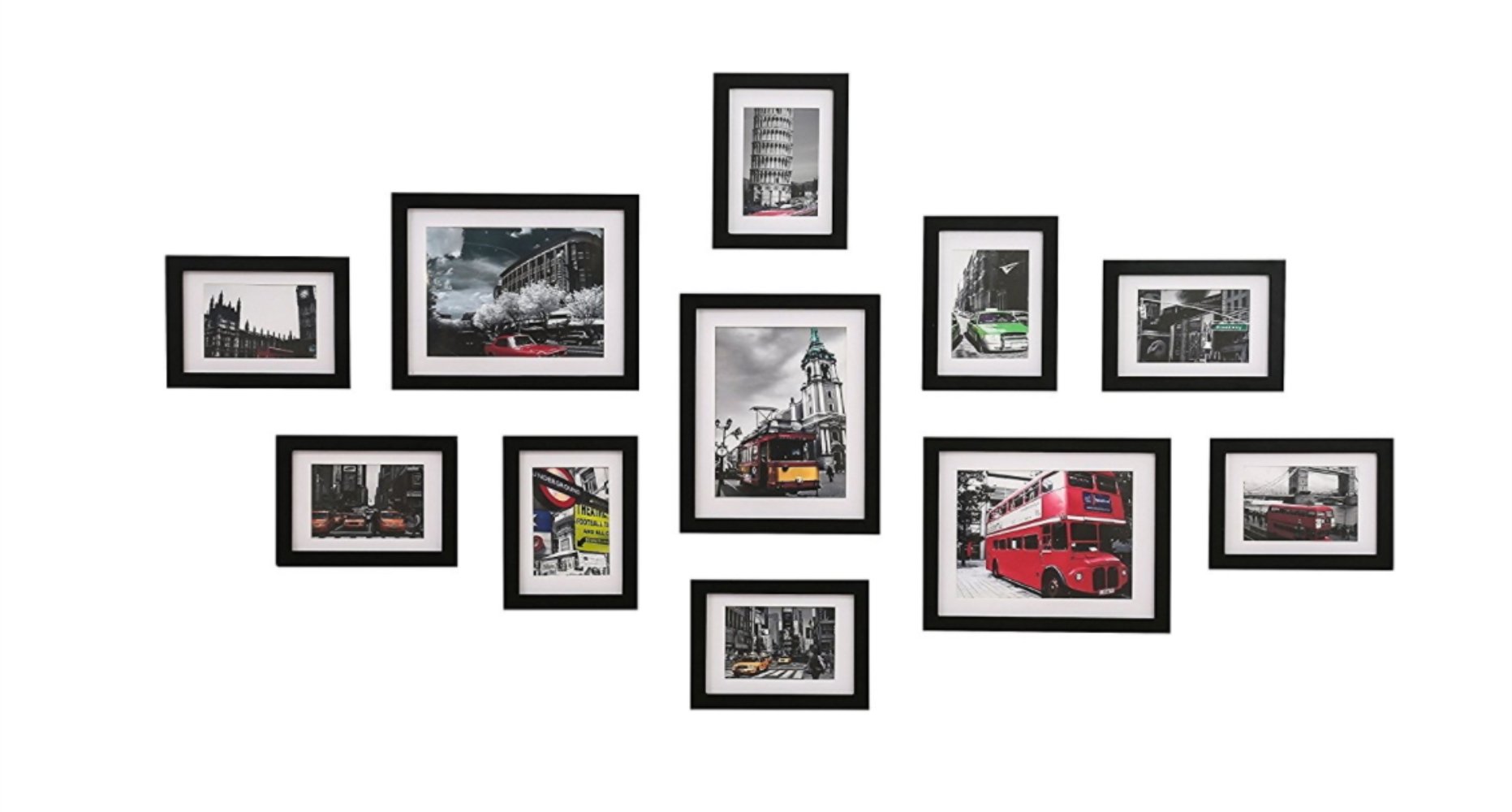 WOOD MEETS COLOR Wall Photo Frames multiple photos, Including White Picture Mats and Installation Instruction, Set of 11 Collage Frames, 3-8x10 Inches, 8-5x7 Inches (Black)