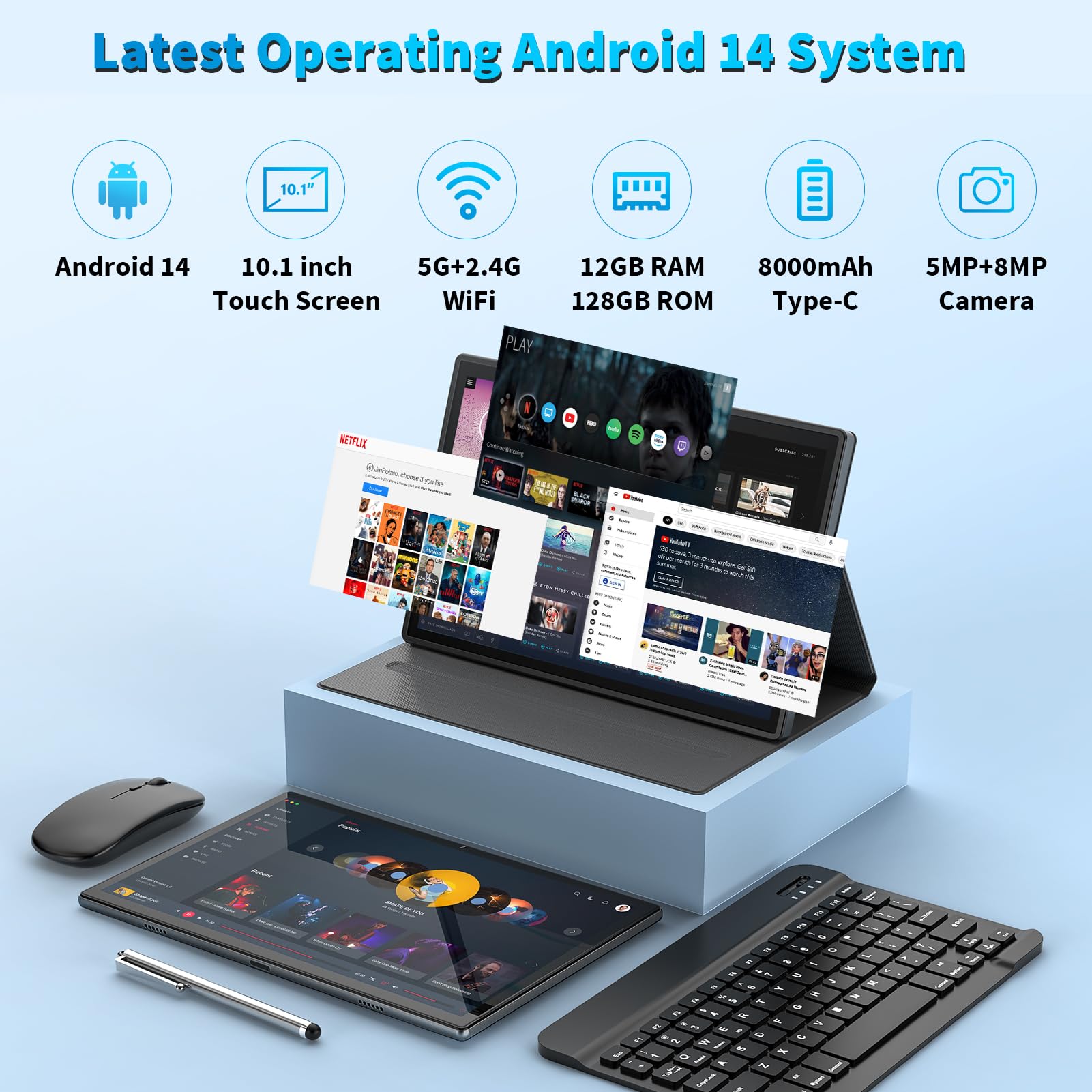 Android Tablet with Keyboard,10 inch Android 14 Tablets, 12GB RAM 128GB ROM, 1TB Expand, 8000mAh, 2.4G/5G WiFi, Bluetooth, GMS Certified, with Case, Mouse, Stylus Tablet PC (Black Case)