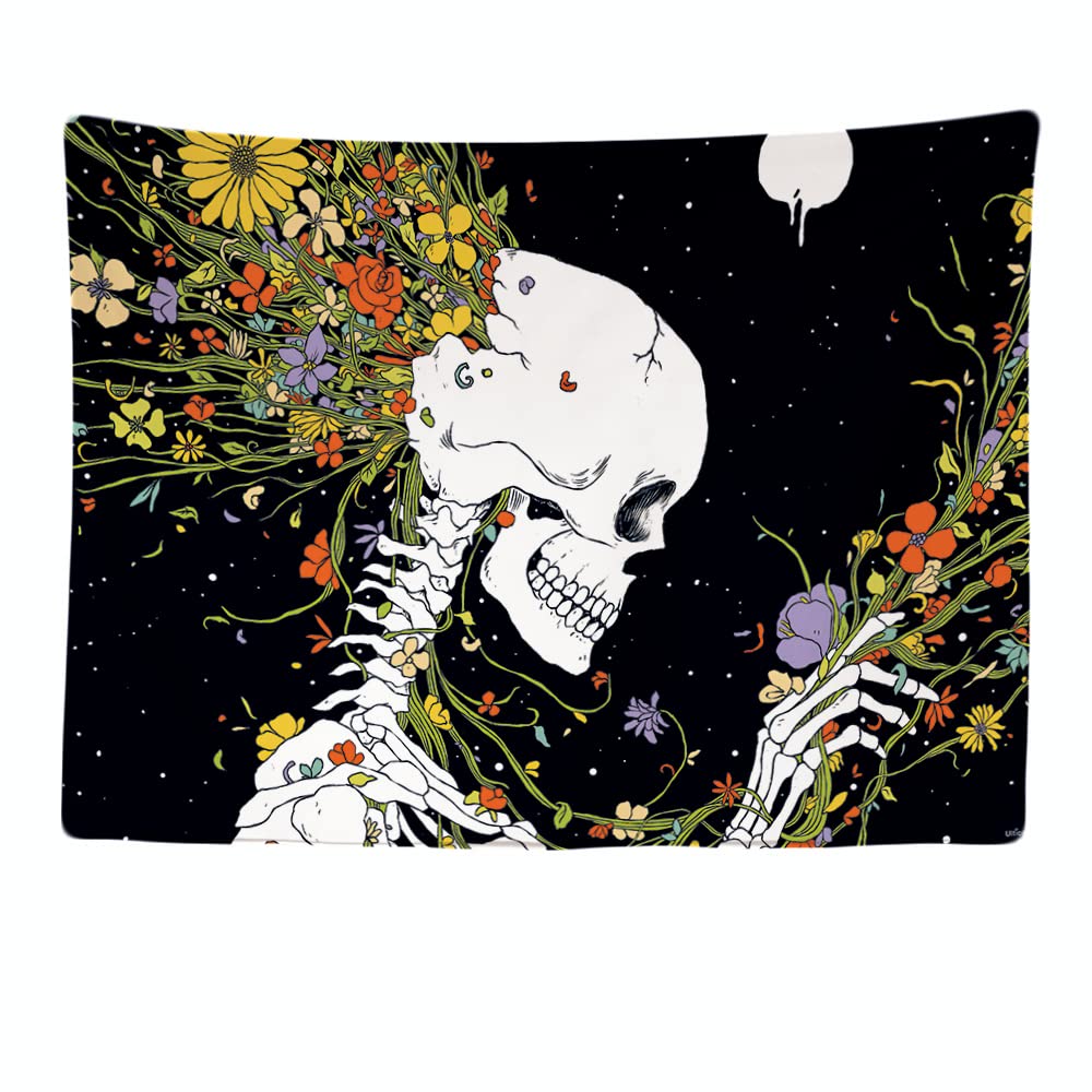 Ulticool – Decorative Wall Tapestry Bedroom - Skeleton Flowers Psychedelic Nature - 200 x 150 cm Large – Fabric Wallpaper – Tapestry Aesthetic Wall - Panoramic Decoration