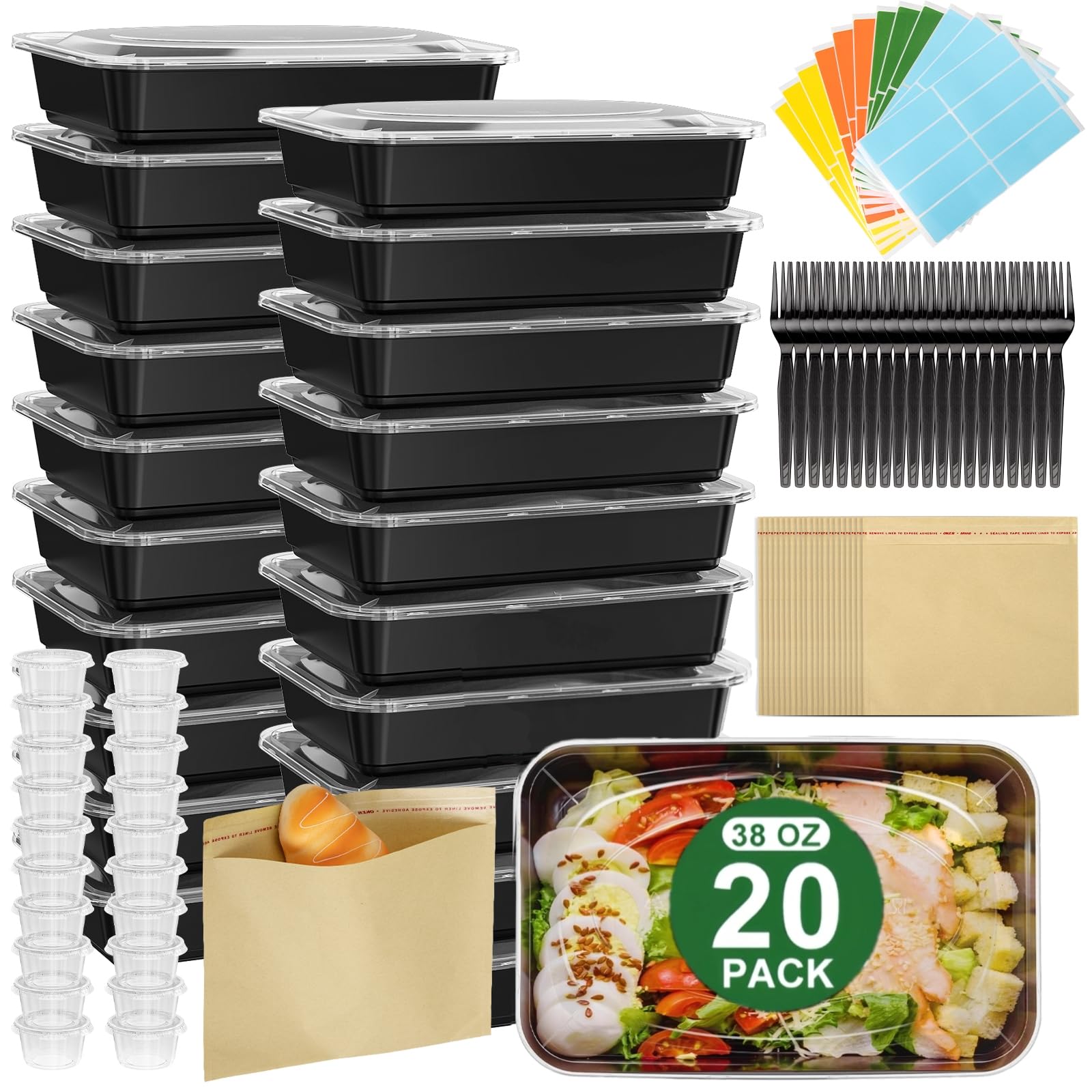 Photo 1 of 20 Pack (92 Pcs) 38 OZ Disposable Meal Prep Containers Plastic Food Container with Lids for Snack BPA Free, Microwave and Freezer Safe, To Go & Take Out Food Containers with Lids for Microwave Dishes