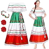Riyiper Traditional Mexican Dress for Women Fiesta Senorita Costume Spanish Dress with Flower Hair Clip Headband(X-Small)