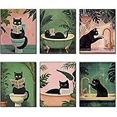Bathroom Cat Canvas Wall Art Black Cat Wall Decor Set Of 6 Funny Paintings Prints Funny Bathroom Posters Maximalist Humor Whimsical Artwork Cute for Toilet Washroom Decoration(Unframed,8x10x6 Inch)