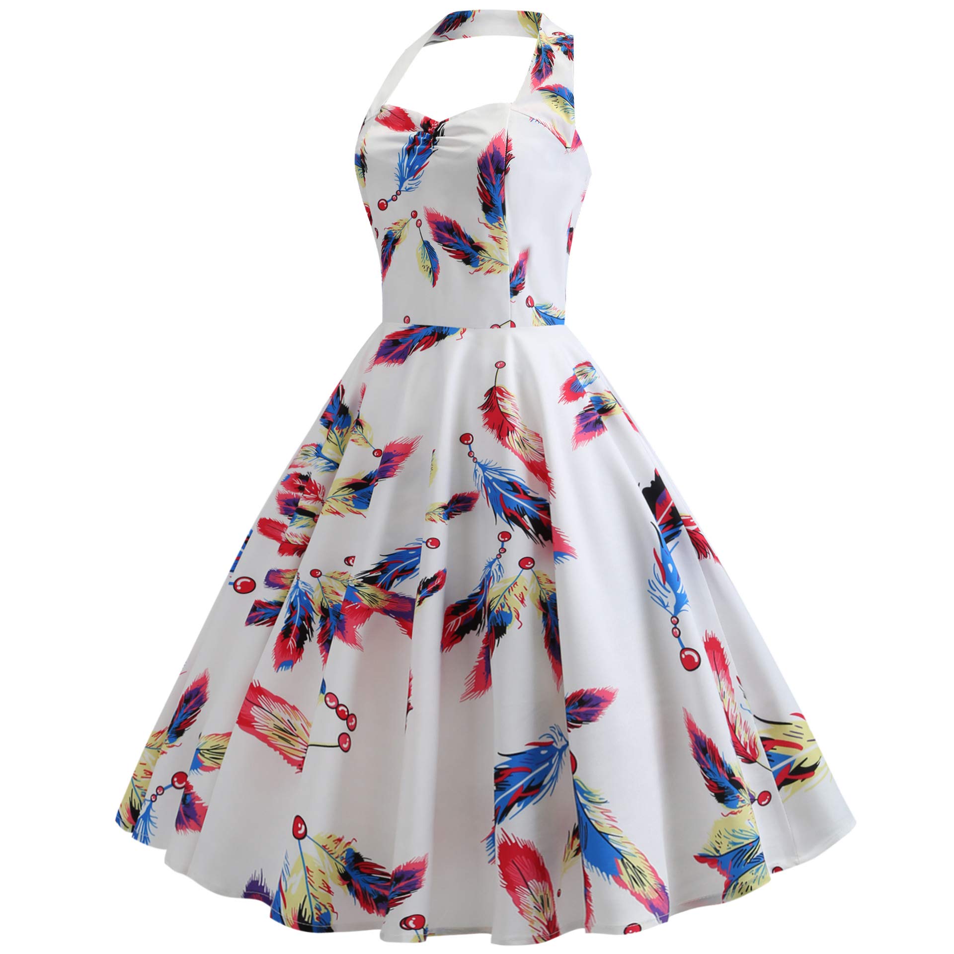 Salimdy Women\'s Summer Sexy Backless Sleeveless Halter Neck Dress Swing Cocktail Dresses Feather Medium