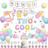 Funmemoir Pool 2nd Birthday Party Decoration Girl, Two Cool Birthday Party Decoration Backdrop Banner Cake Cupcake Topper Latex Balloon for Summer Swimming Beach Second Bday Decoration