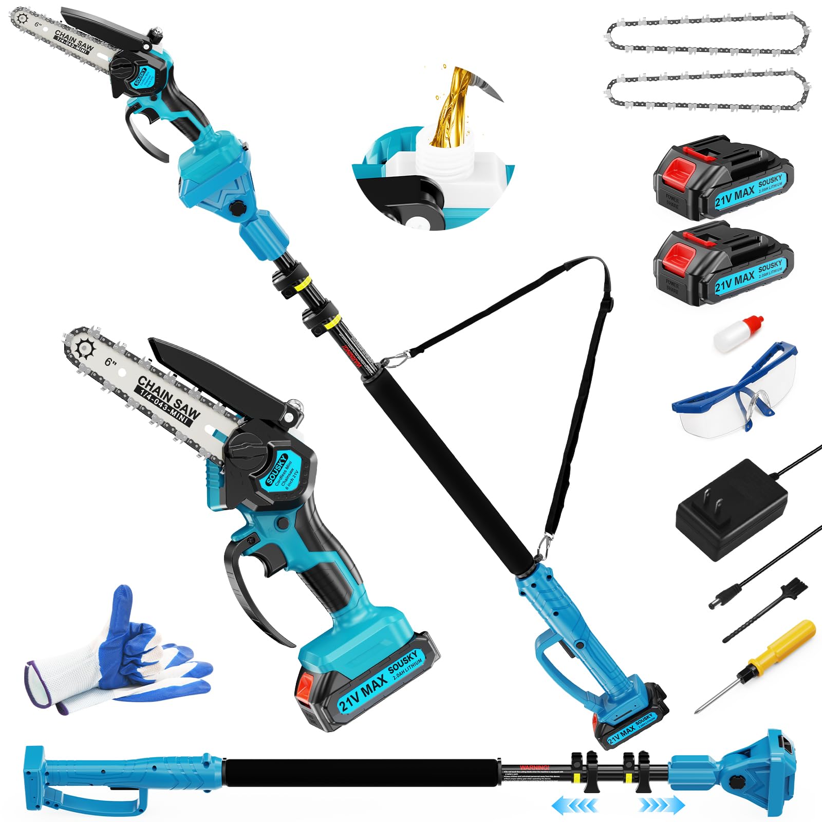 Photo 1 of 2-in-1 6 In Mini Chainsaw & Electric Pole Saw, Electric Pole Saws for Tree Trimming, 21V Cordless Battery Chainsaw Powered with 2 Batteries, Auto-oil, Chain saw for Tree Pruning/Wood Cutting