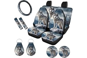 ZFRXIGN Wolf Car Seat Covers for Women Full Set Car Steering Wheel Cover+ Seat Belt Cover+ Cup Holder Coasters+ Keychain Auto Accessories Set Universal Fit Cool Wild Animal Grey