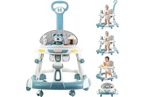 GODMY Baby Walker, 4-in-1 Foldable Baby Walkers and Baby Activity Center with Toys Tray,3-Gear Height Adjustable Infant Toddler Baby Walker with Wheels for Baby Boys and Girls 6-24 Months(Blue)