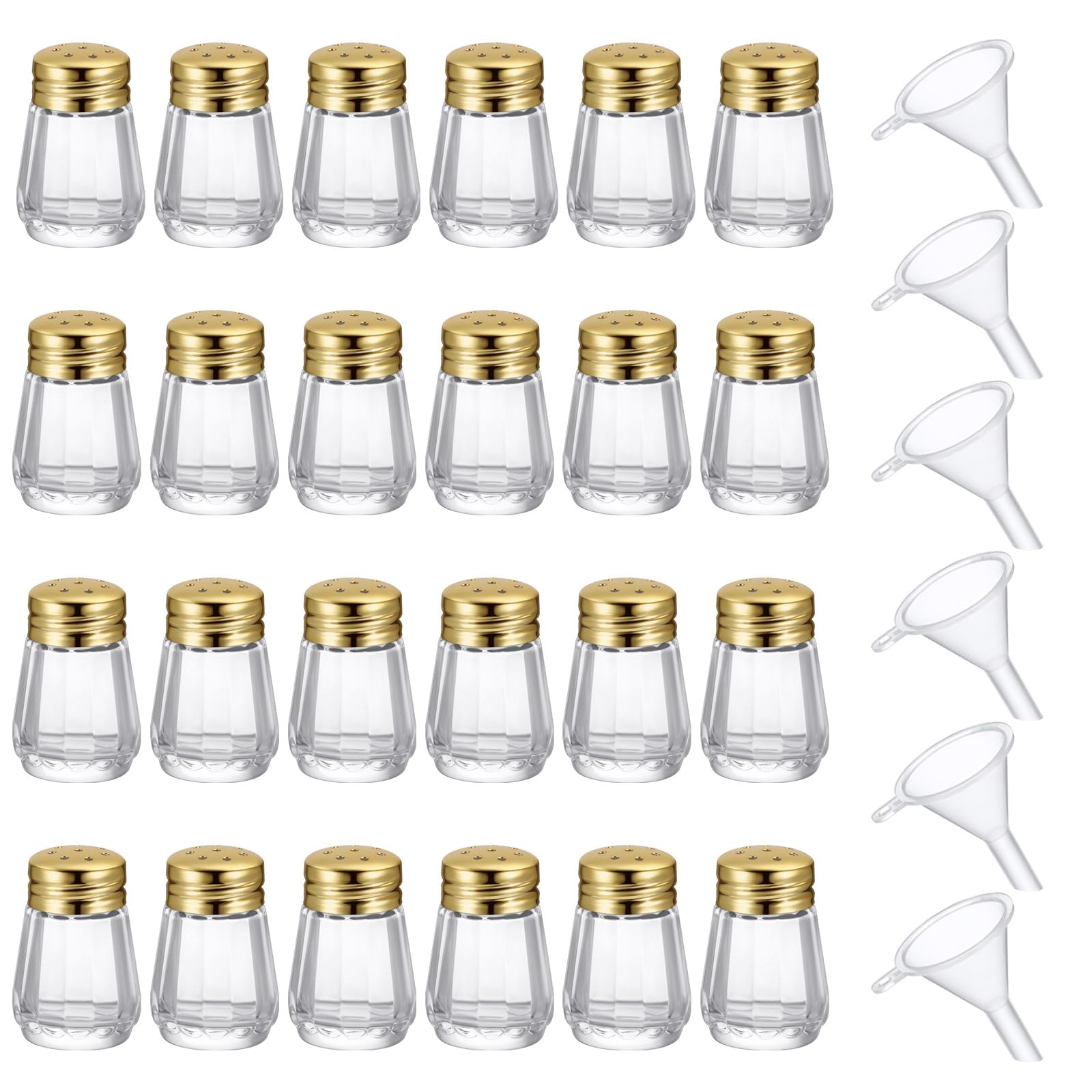 Photo 1 of Potchen 24 Pcs Cube Shape Mini Salt and Pepper Shakers Bulk 0.5 oz Small Cube Glass Spice Shaker with Plastic Mini Funnels for Wedding Kitchen Restaurant Travel Camp Party (Golden)