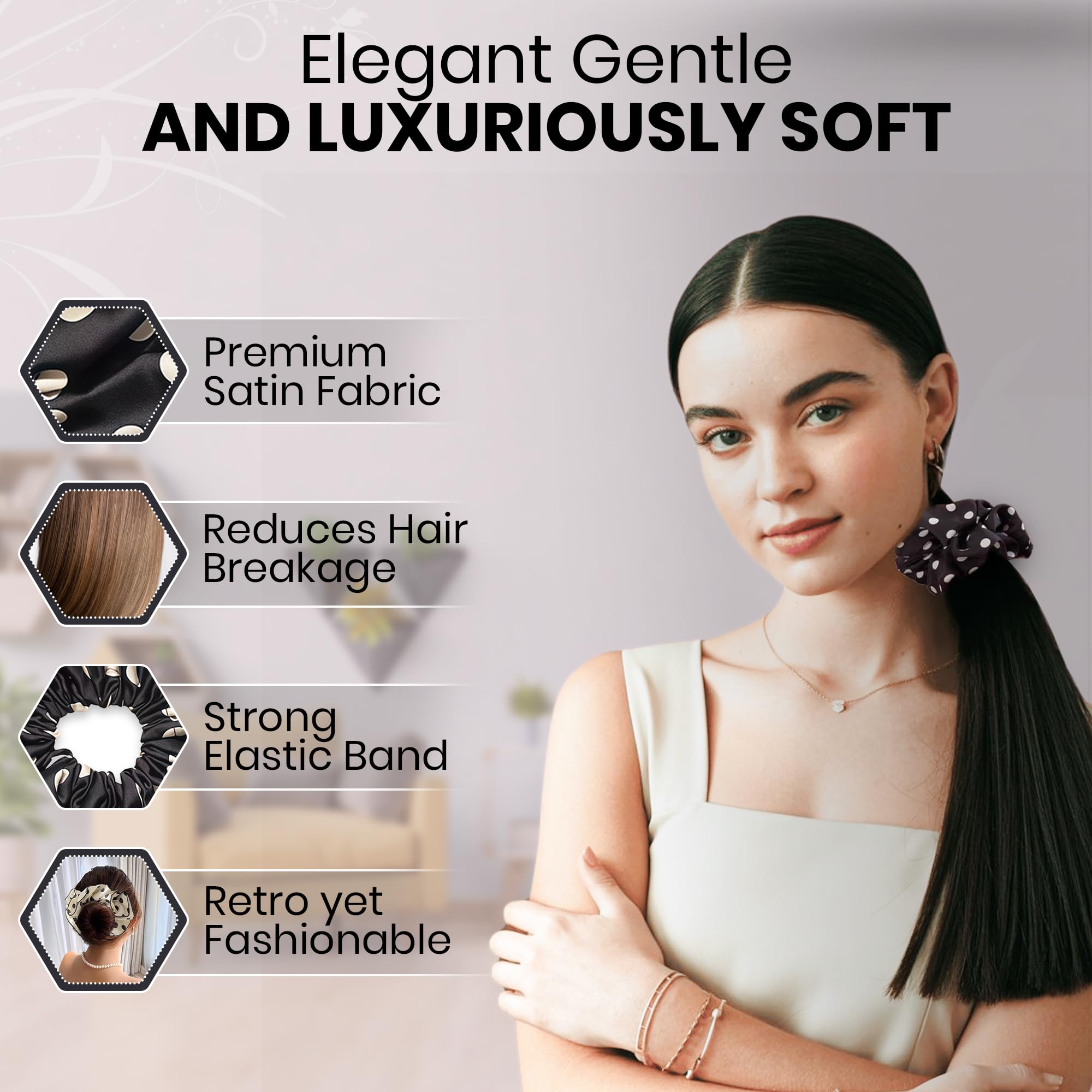 3PCS Satin Hair Scrunchies For Women: Vintage Chic Accessories for 50s Outfits – Soft, No-Damage Silk Hair Ties Bands with Pearl and Polka Dot Designs