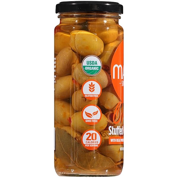 MARIO CAMACHO ORGANIC GREEN OLIVES STUFFED WITH REAL PIMIENTO AND TOUCH OF OLIVE OIL, 6.7 OUNCE (PACK OF 1)