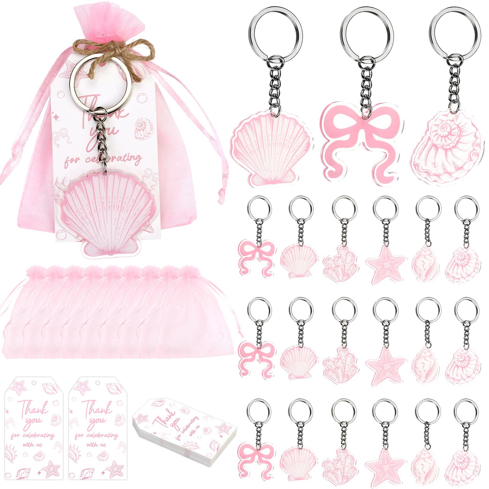 Serencatcher Pink Bow Seashell Party Favors - 24pcs Conch Coral Starfish Shell Pink Bow Keychains, Thank You Cards, Organza Bags for Ocean Coastal Beach Shell Theme Birthday Wedding Party Supplies