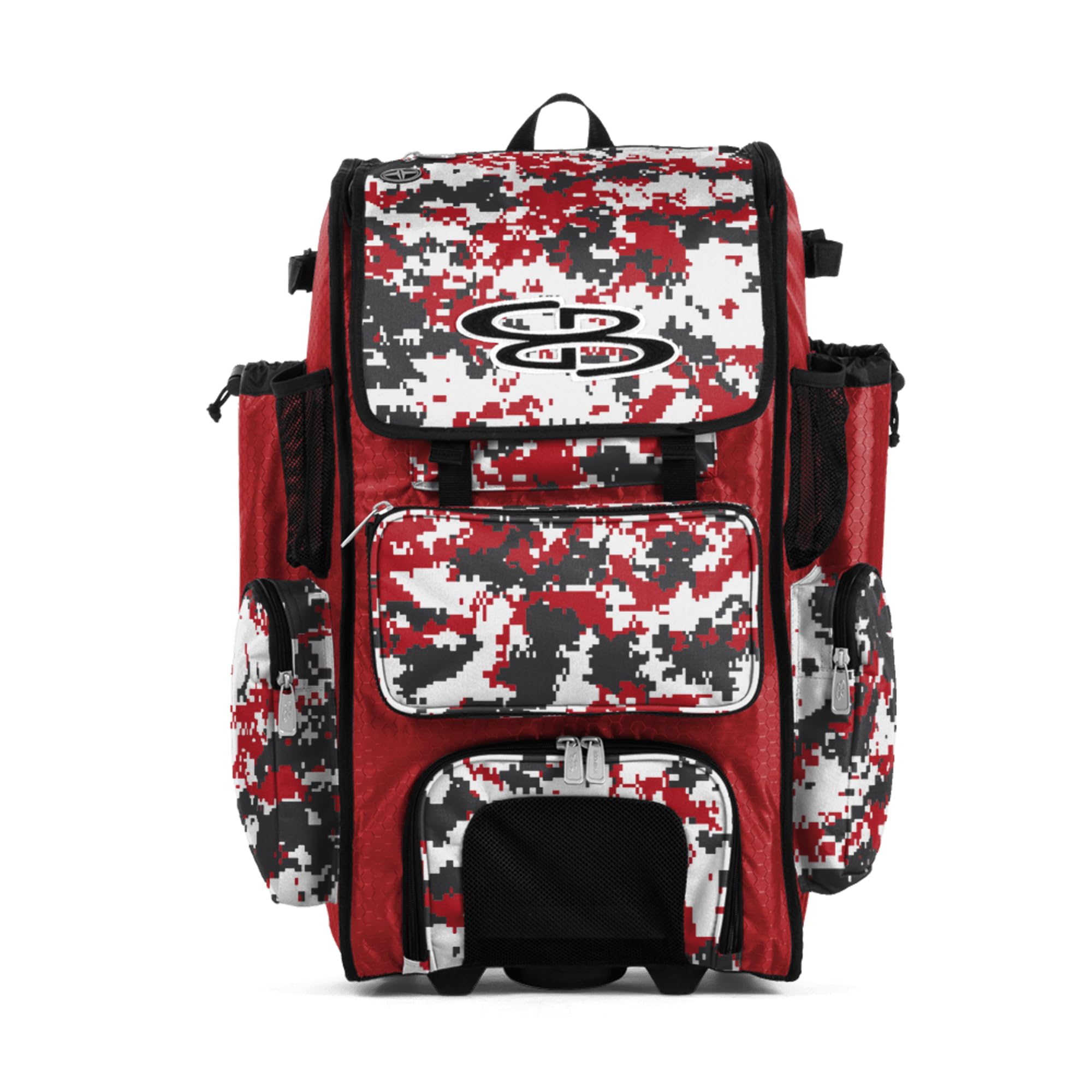 Boombah Rolling Superpack Baseball/Softball Gear Bag - BRSP2CMC23 Digital Camo Red/Charcoal - Telescopic Handle - Holds 4 Bats - Wheeled Version Image