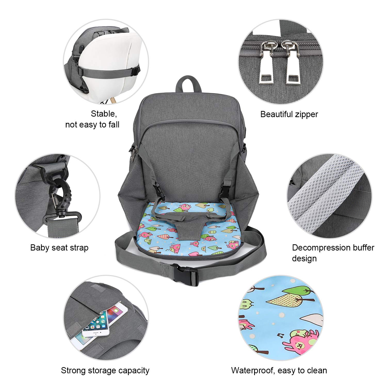 SENWOW Diaper Bag, Mom\'s All-Around Helper Changing Bag Portable Multifunctional Baby Bag Backpack Chair Fixing Function, Grey