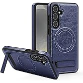 Lunivop Compatible with Samsung Galaxy s25 Plus Case PU Leather [Compatible with Magsafe Wireless Charging] Magnetic Cover Stand Funda Rugged Best Phone Cases Blue for S25 Plus 6.7 inch