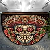 Cool Mexican Skull Half Round Door Mat, Non-Slip Entrance Welcome Mat for Indoor Semi Circle Bathroom Floor Rugs Outdoor Mats House Entry Way Heavy Duty Doormat for Kitchen Living Room 36x24 Inch