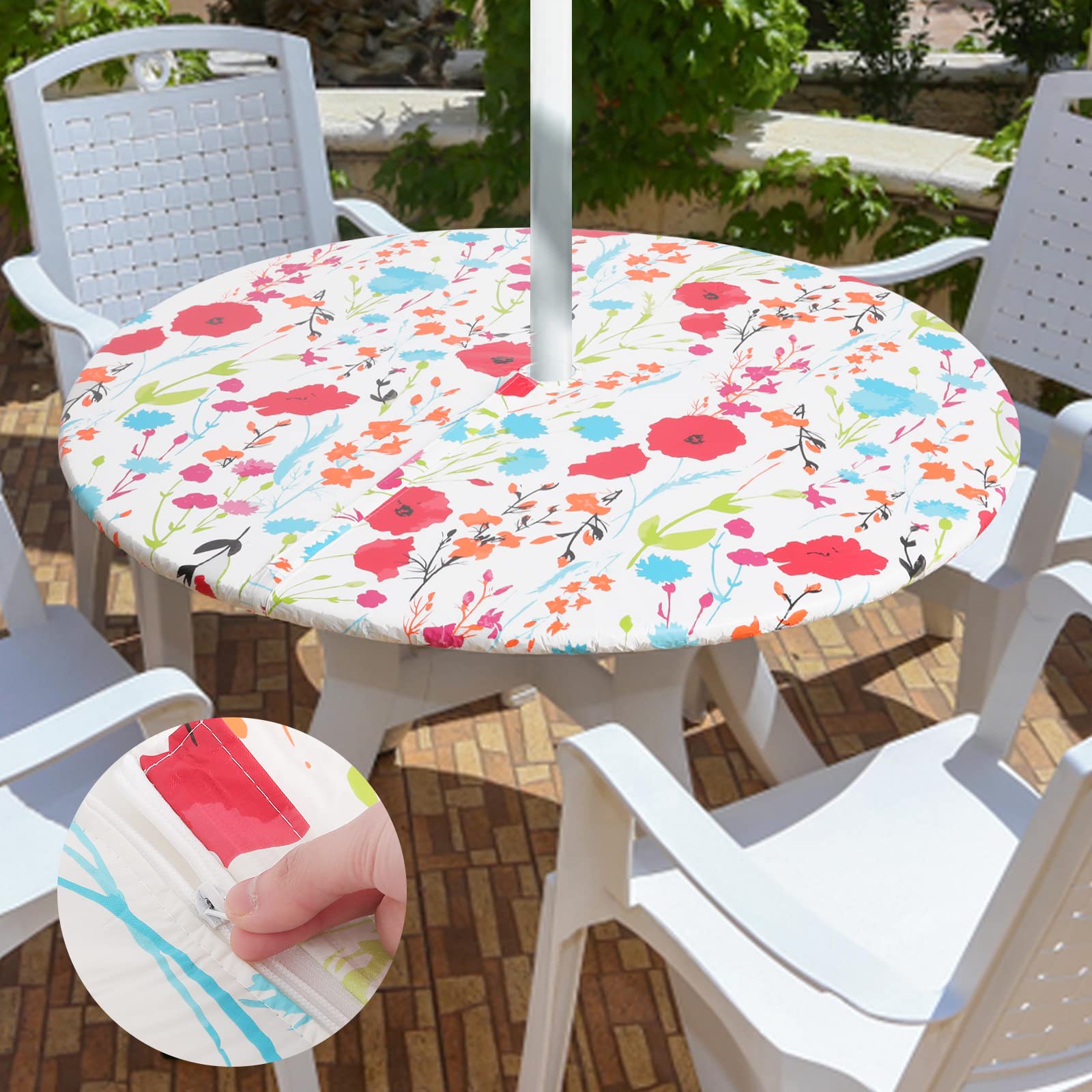 Photo 1 of misaya Round Tablecloth, Fitted Table Cover with Umbrella Hole, 100% Waterproof, Elastic Edge, Flannel Backing, Plastic Table Cloth Fit 45"-56" Round Tables for Patio, Picnic, Outdoor, Flowers