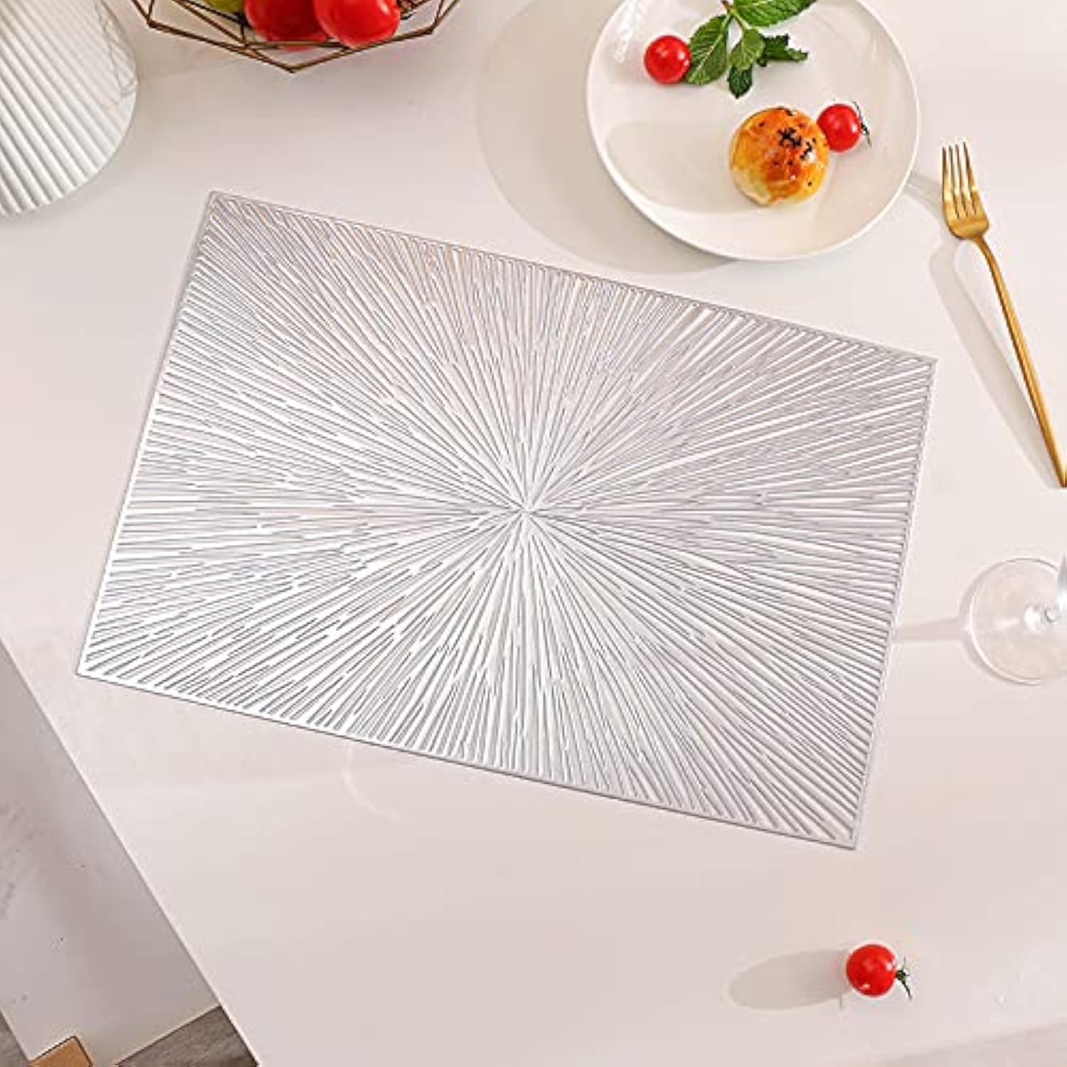 Hosoncovy 4 Pack Firework Rectangle Placemats Set of 4 PVC Heat Resistant Non-slip Dining Decorative Placemats for Kitchen Wedding Party (Silver)