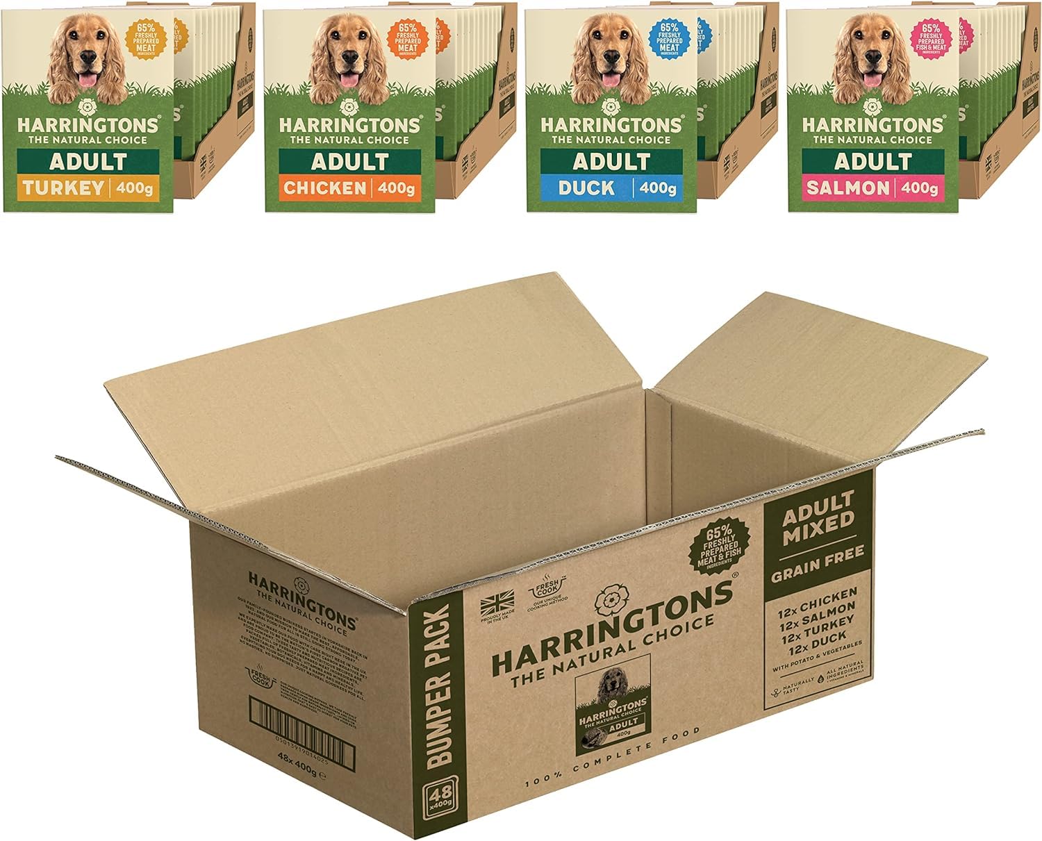 Harringtons Complete Wet Tray Grain Free Hypoallergenic Adult Dog Food Super Bumper Pack 48x400g - Chicken, Salmon, Turkey & Duck - Made with All Natural Ingredients