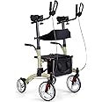 Healconnex Upright Rollator Walkers for Seniors- Stand up Rolling Walker with Seats and 10" Wheels, Padded Armrest and Backrest,Tall Rolling Mobility Aid with Basket, Champagne