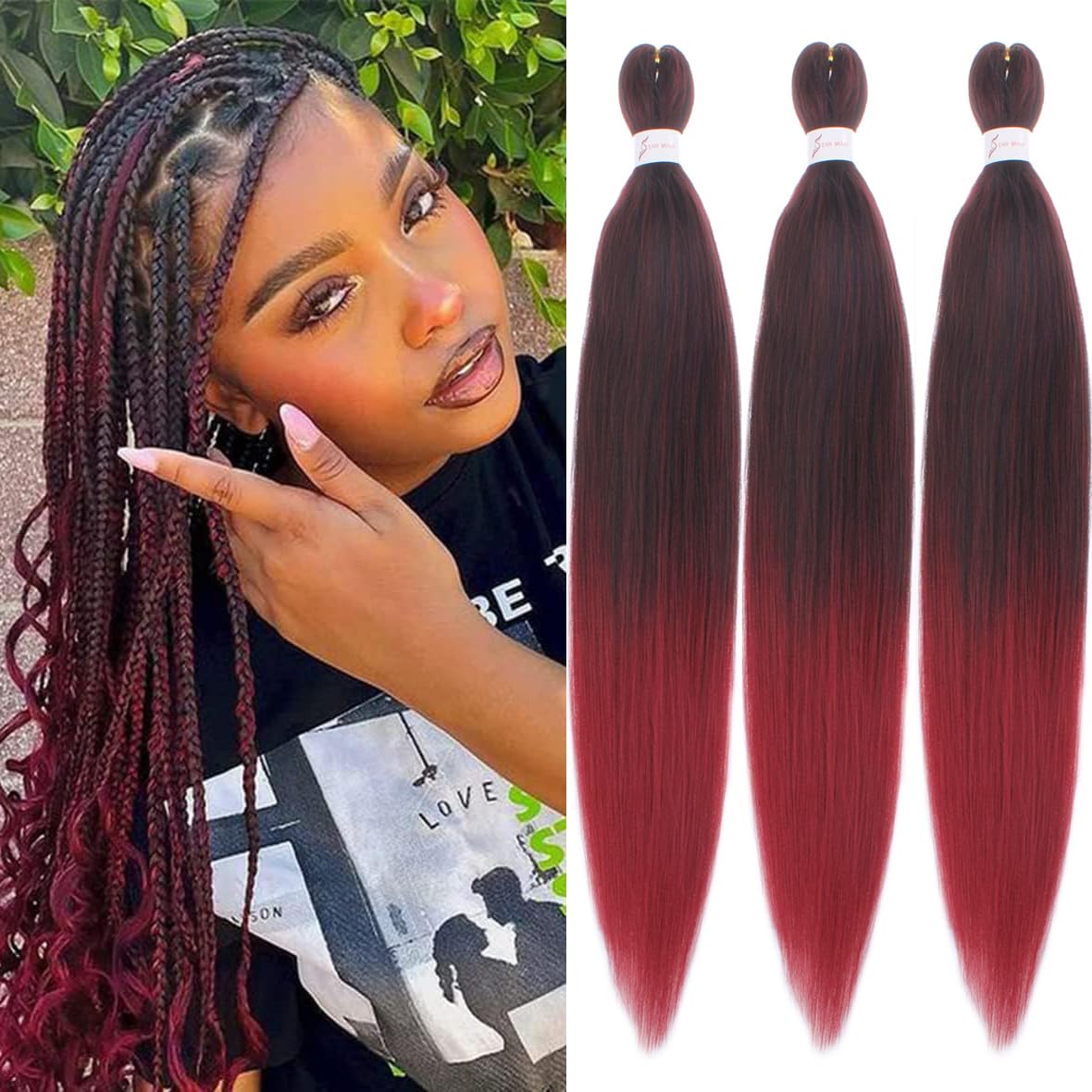 Leeven 3 Packs Ombre Red Pre Stretched Braiding Hair 30 Inch Yaki Texture Brading Hair Extensions for Box Braids Red Crochet Hair Extensions for Braiding /1B900# โ image 1