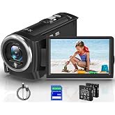 2.7K Video Camera Camcorder QHD 56MP Digital Cameras for Vlogging | 16X Digital Zoom Camcorders with Built-in LED 16G SD Card 270 Degree Rotation Screen Webcam and 2 Batteries