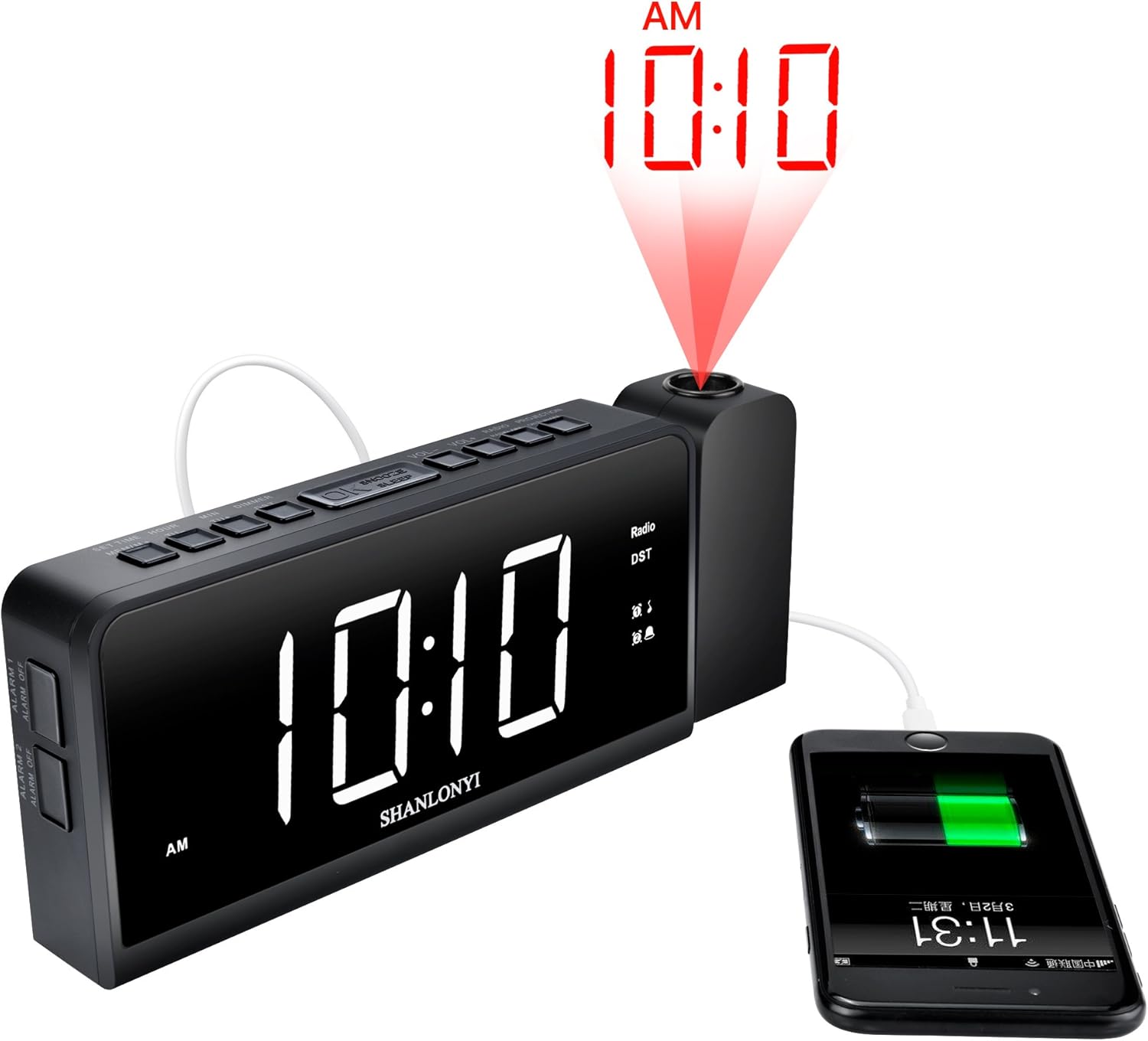 SHANLONYI Projection Alarm Clock Radio for Bedrooms LED Light Desk Digital Time Protector with Ceiling Large Display 7”, USB Charging for Cell Phone, Battery Back up