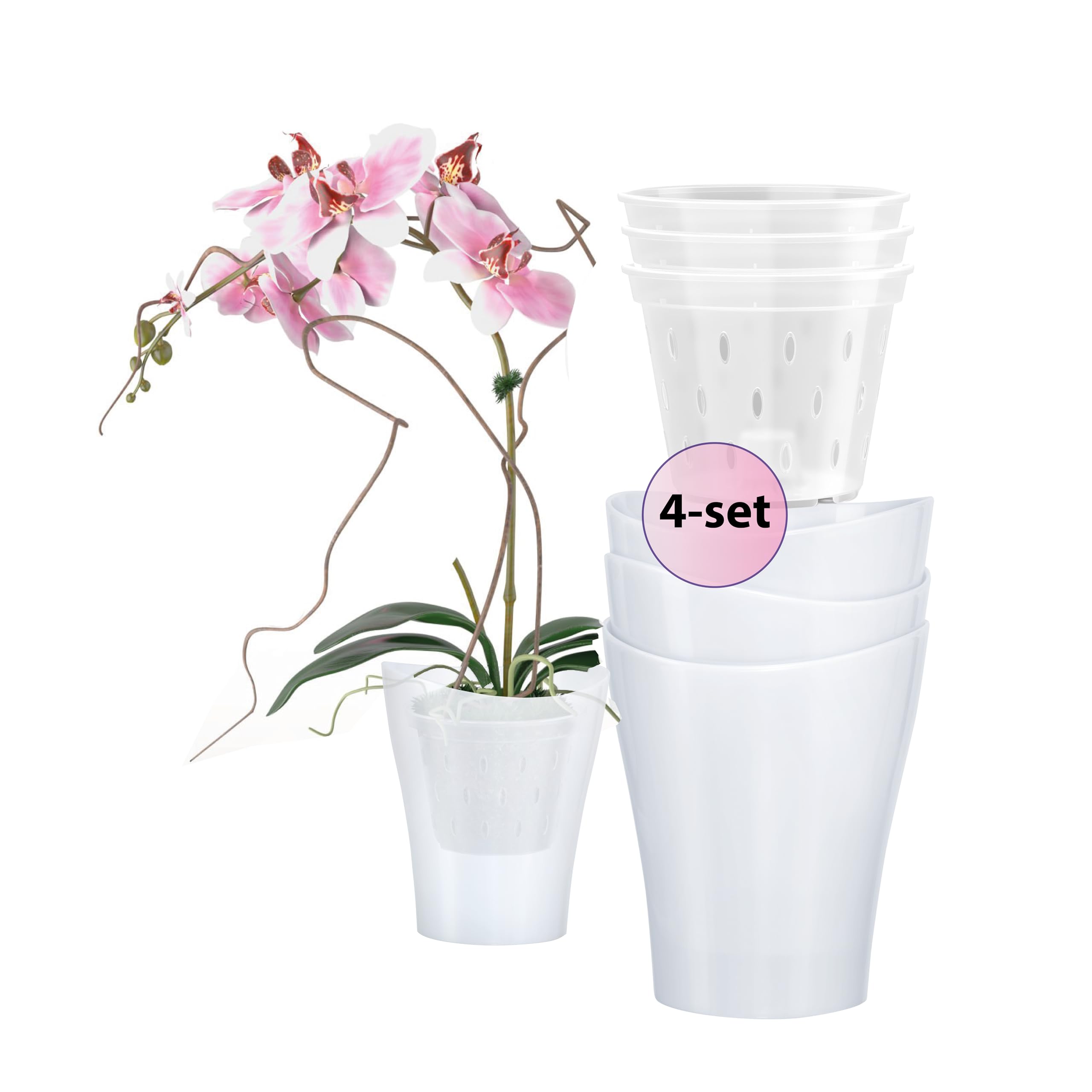 Garten lux Orchid Pots White Set of 4 2 L Diameter 16 cm with Set of 4 Orchid Planters Drainage Hole Plastic Transparent 1 L Diameter 14 cm for Indoor Use