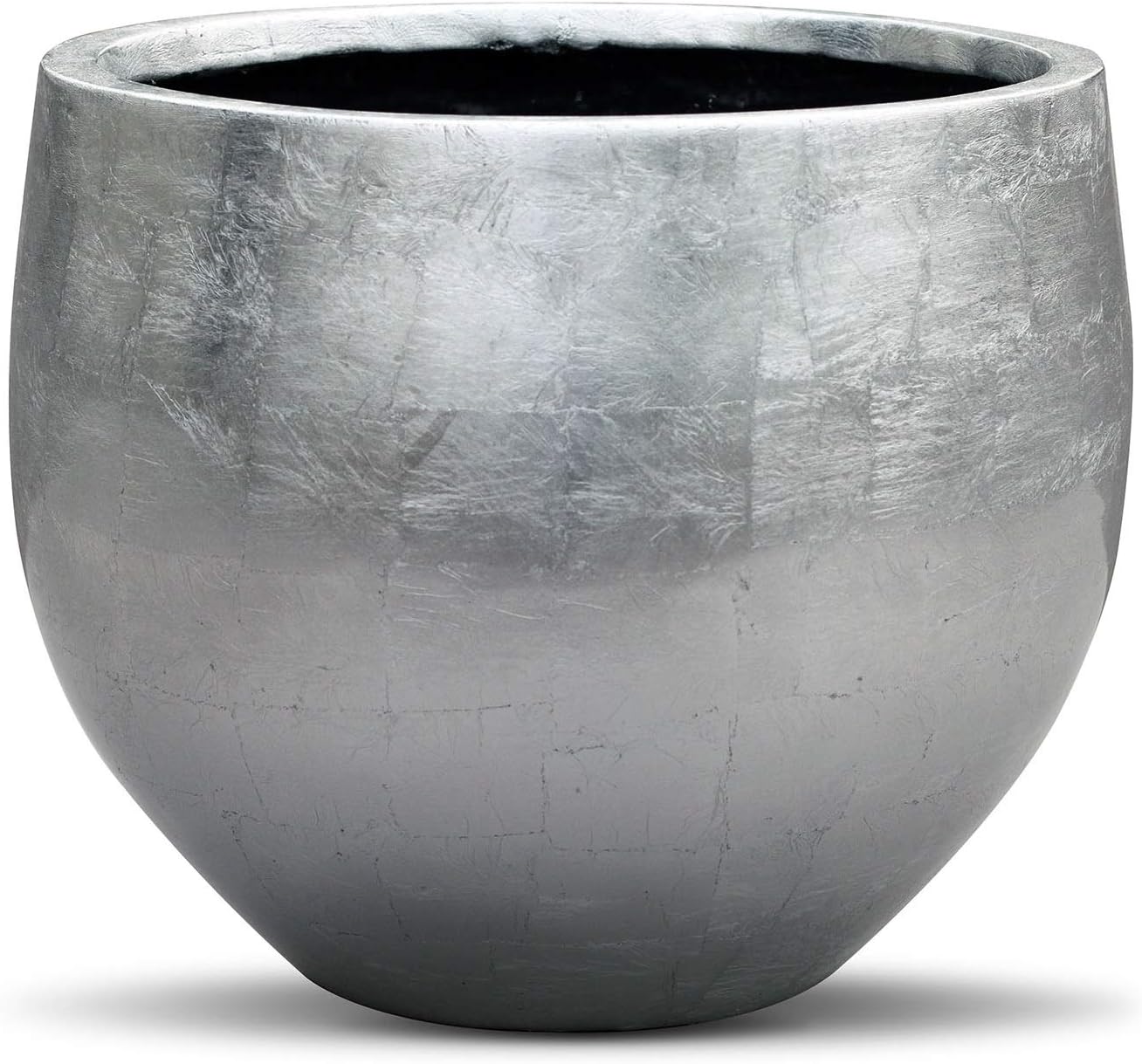 Vases And Props Silver Leaf Lacquered Round Planter - Round Bottom Fiberstone Flower Pot 14 inches High x 15 Diameter