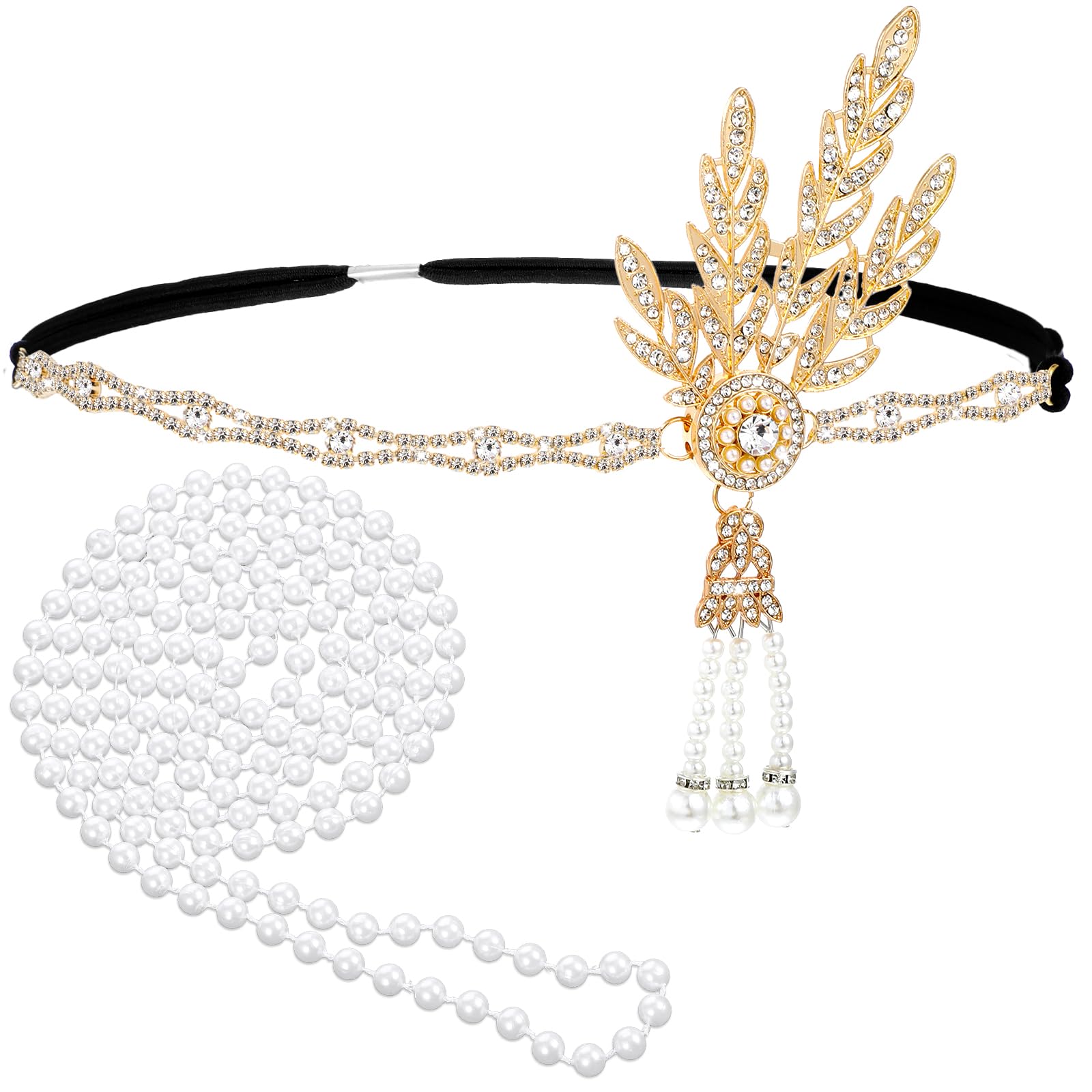 Photo 1 of 1920s Flapper Accessories Set - Flapper Headband Pearl Necklace - Vintage Roaring 20s Costume Jewelry with Gold Alloy Rhinestones