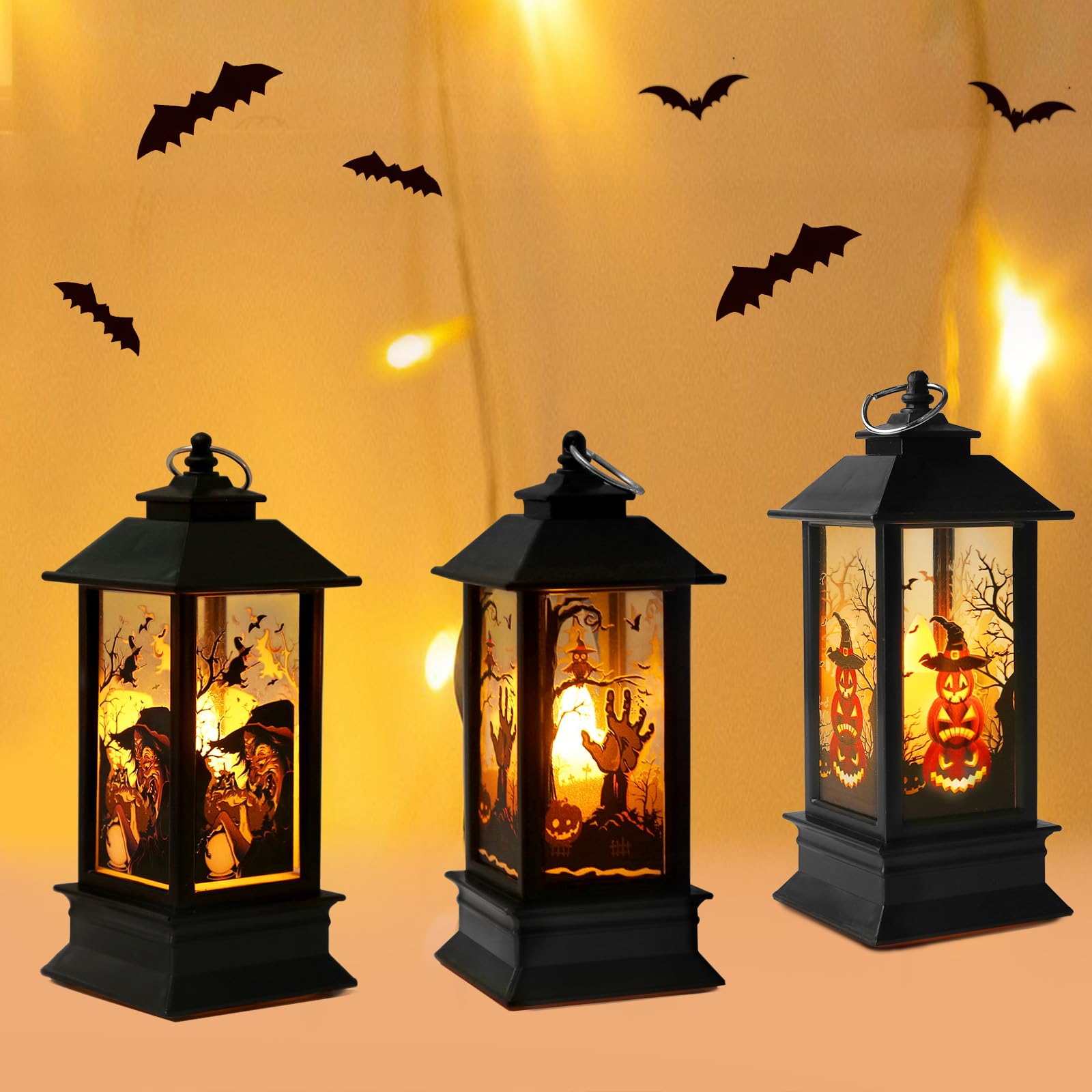 Yomaido 3 Pcs Halloween Candle Lanterns,LED Lantern Lights Ghost Witch Pumpkin Lamp Garden Lights Hanging Lanterns,Halloween Garden Decorations Halloween Party Props Indoor Outdoor