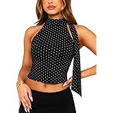 OZICERD Off Shoulder Halter Mock Neck Going Out Tops for Women Cute Club Rave Top Bow Tie Sleeveless Crop Tank Top with Scarf