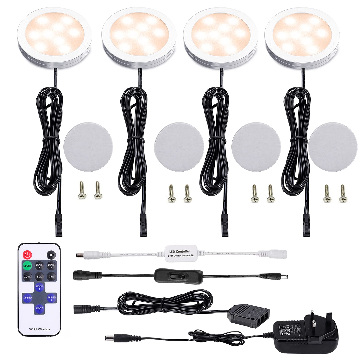 AIBOO LED Under Cabinet Dimmable 4-Pack Puck Light With Remote - 12V Plug-in for Kitchen Cupboard, Counter, Shelf - Warm White 2700K