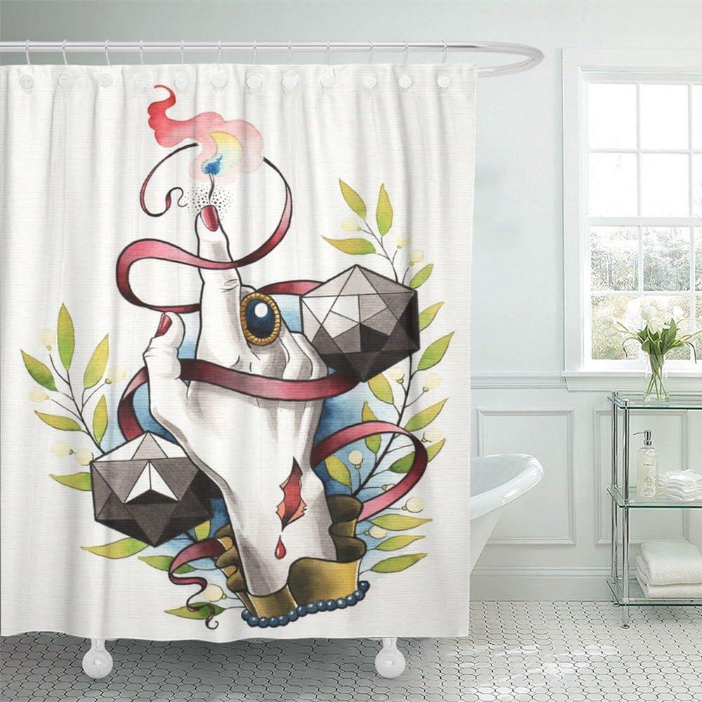 Emvency Shower Curtain 72"x78" Home Decor Watercolor Artwork On Eureka Hand of Abstracted with Flame Polyhedrons and Leafs Waterproof Polyester Fabric Adjustable Hook