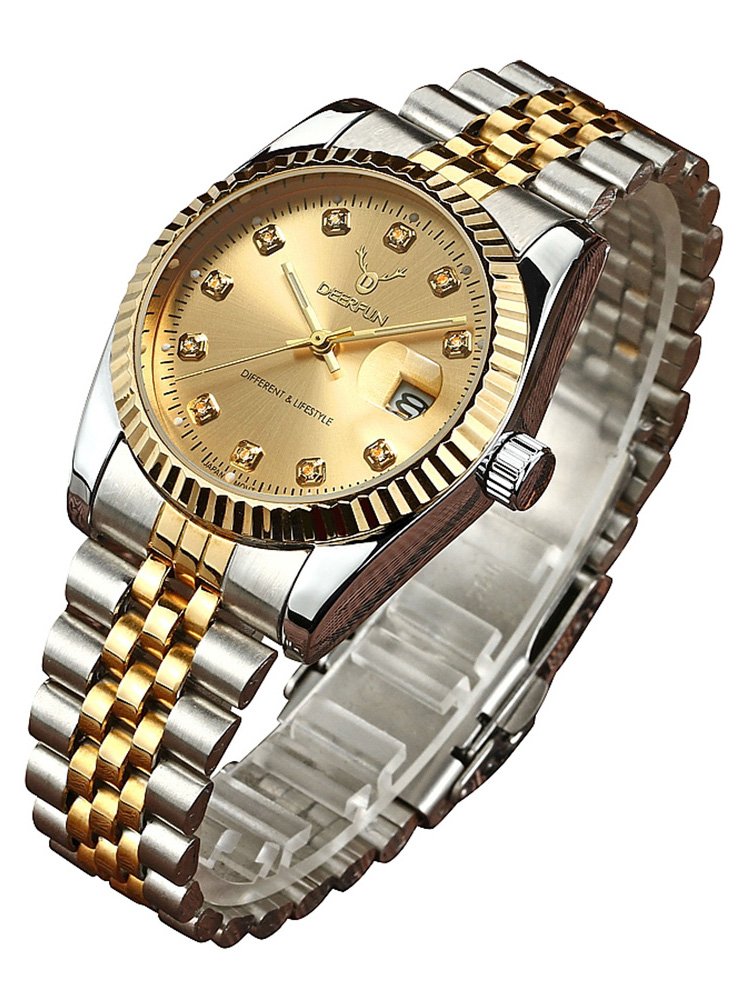 Mens Fashion Luxury Stainless Steel Calendar Rhinestone Waterproof Sports Women Unisex Quartz Watch, Silver Gold, Business Casual Fashion Sports