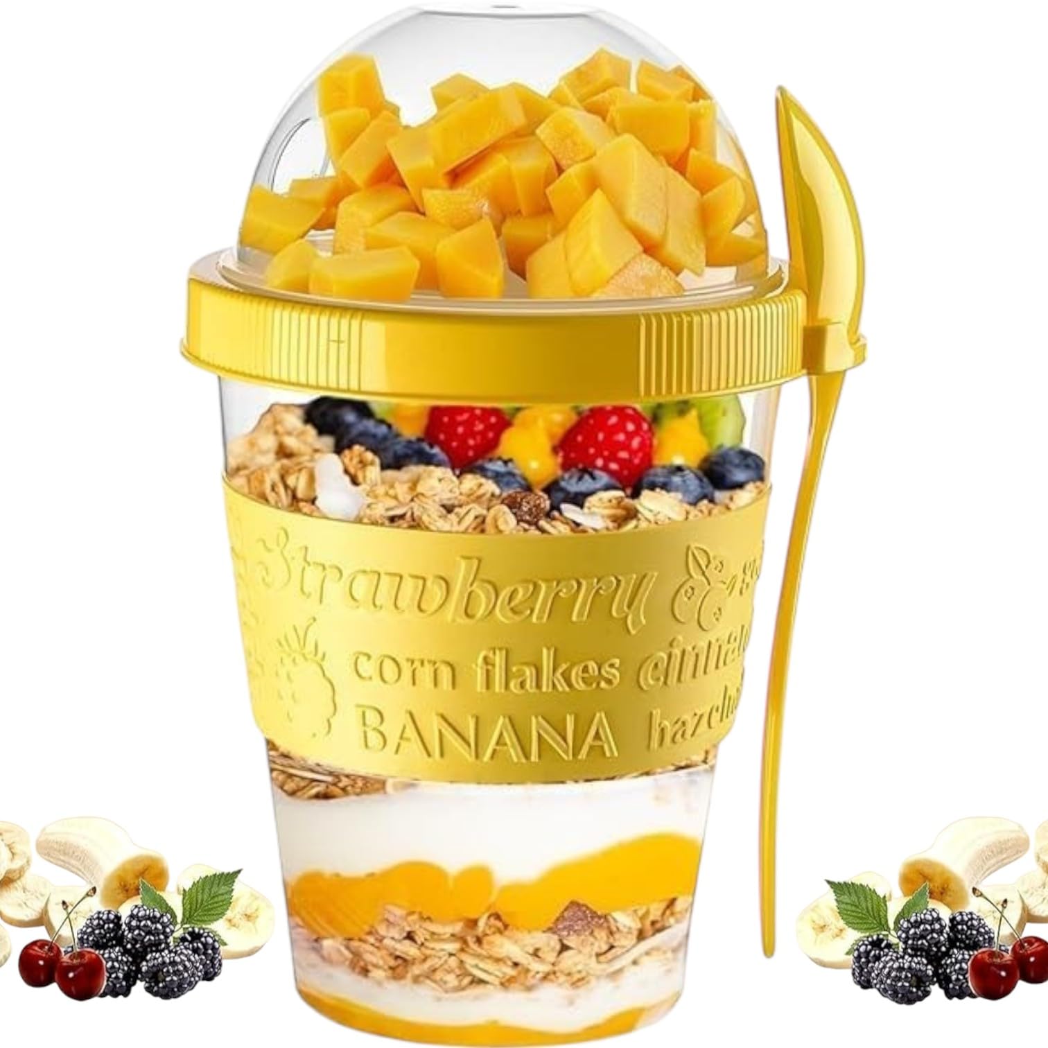 Pro Home Yogurt Pot With Spoon 20oz/600ml Bpa Free Reusable Airtight Dishwasher Safe On The Go Yoghurt Pots With Lids Museli Cereal Cup Containers Overnight Oats Jar Storage (Yellow)