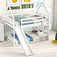 Harper & Bright Designs House Bunk Bed with Convertible Slide and Ladder, Twin Over Twin Bunk Bed with Roof and Security Guardrails, Floor Bunk Bed for Kids (White)