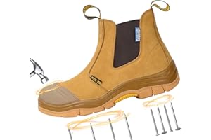 BOIWANMA Work Boots for Men, Steel Toe, Puncture-Resistant, Pull on Chelsea Leather Safety Boots, US Size 6-15 M & W