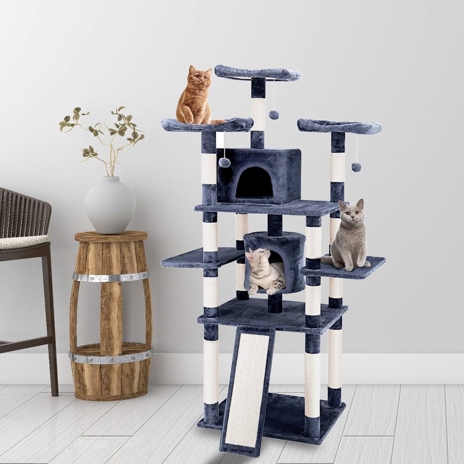 ScratchMe 67 inch Cat Tree Tower with Hammock & Scratching Post, Navy Blue : Pet Supplies