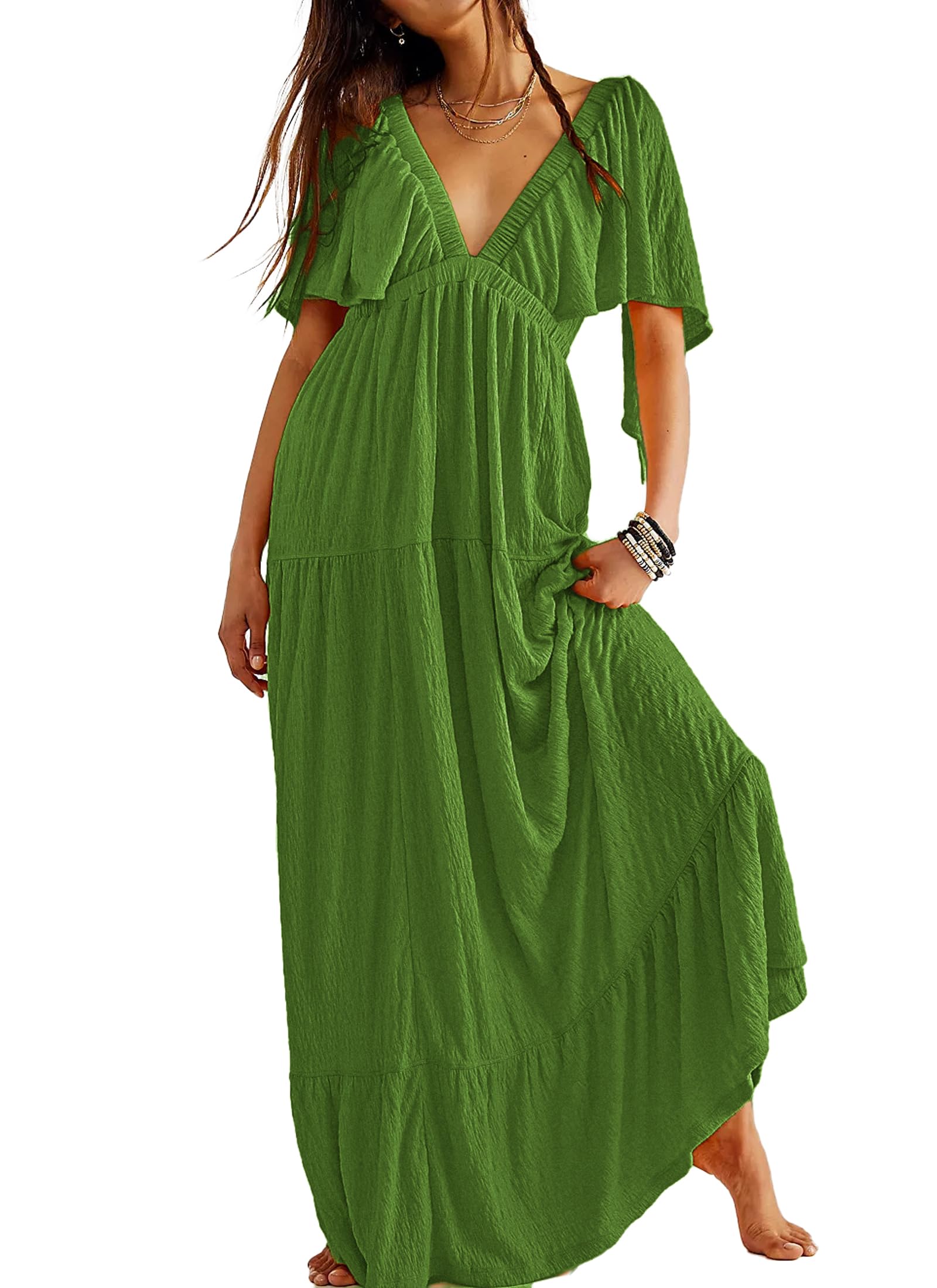 Photo 1 of Kikibell Women's Sexy Cocktail Wedding Party Maxi Dress Summer Flowy Dresses for Women Grass Green L