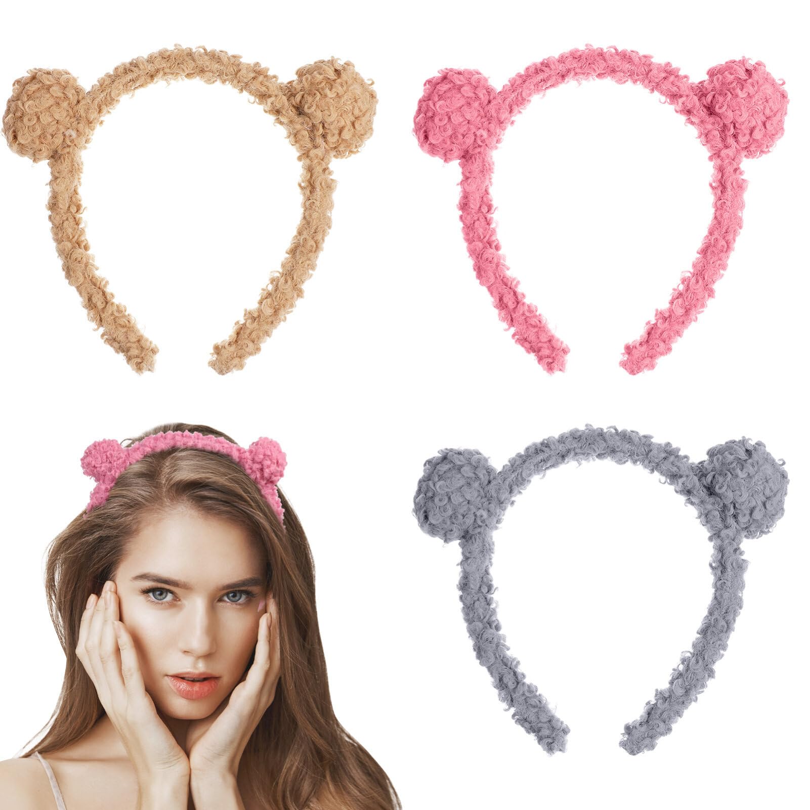 NUOBESTY 3pcs Bear Ears Headbands Cute Fluffy Hair Hoops Party Favor Headwear Makeup Headbands Costume Hair Accessories