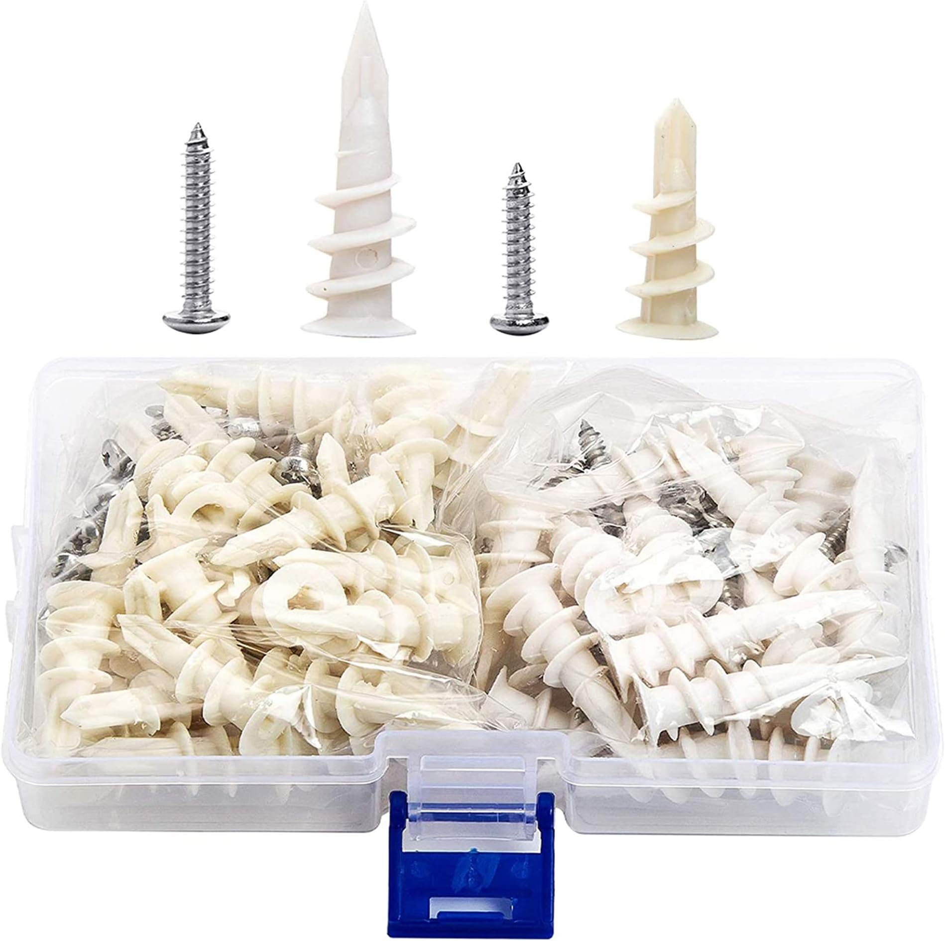 Drywall Anchors with Screws Assortment Kit, Plastic Wall Anchor and Stainless Steel Screw, 2 Sizes Self Drilling Drywall Anchor with Philips Flat Head Tapping Screw Set for Decorative Hanging