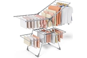 Sakugi Clothes Drying Rack, Foldable 2-Level Laundry Drying Rack with Height-Adjustable Wings, for Clothing & Bedding, Free-Standing Space-Saving Rack, Indoor & Outdoor, 55.5" L × 22.8" W, Gray