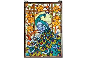 Bieye W10011 Peacock Tiffany Style Stained Glass Window Panel Hangings with Chain, 15" W x 23" H