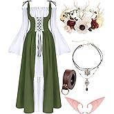 VillbeCoser Renaissance Dresses Medieval Costume for Women Flower Crown Elf Ear Choker Necklace Leather Belt Fairy