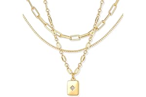 YEEZII Layered Gold Necklaces for Women Trendy, 3 Pcs 14K Gold Plated Choker Paperclip Box Chain Necklace, Stackable Women's Gold Pendant Necklaces Jewelry Set