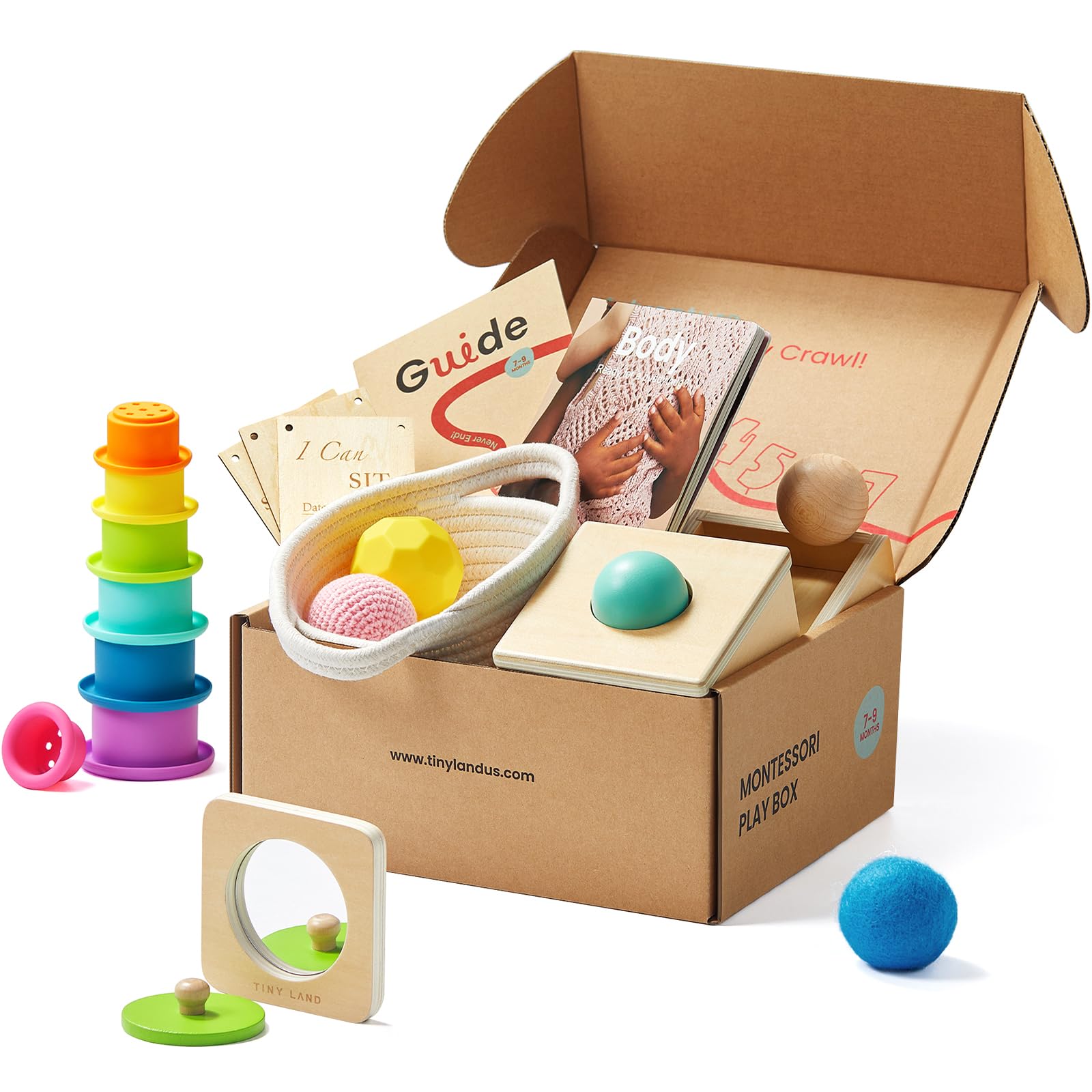 Photo 1 of Tiny Land Montessori Toy Set for Babies 7-9 Months Senser Play Kit - 5-in-1 Wooden Learning Toys with Object Permanence Box, Sensory Ball, Stacking Cups and Mirror Puzzle,Body Board Book