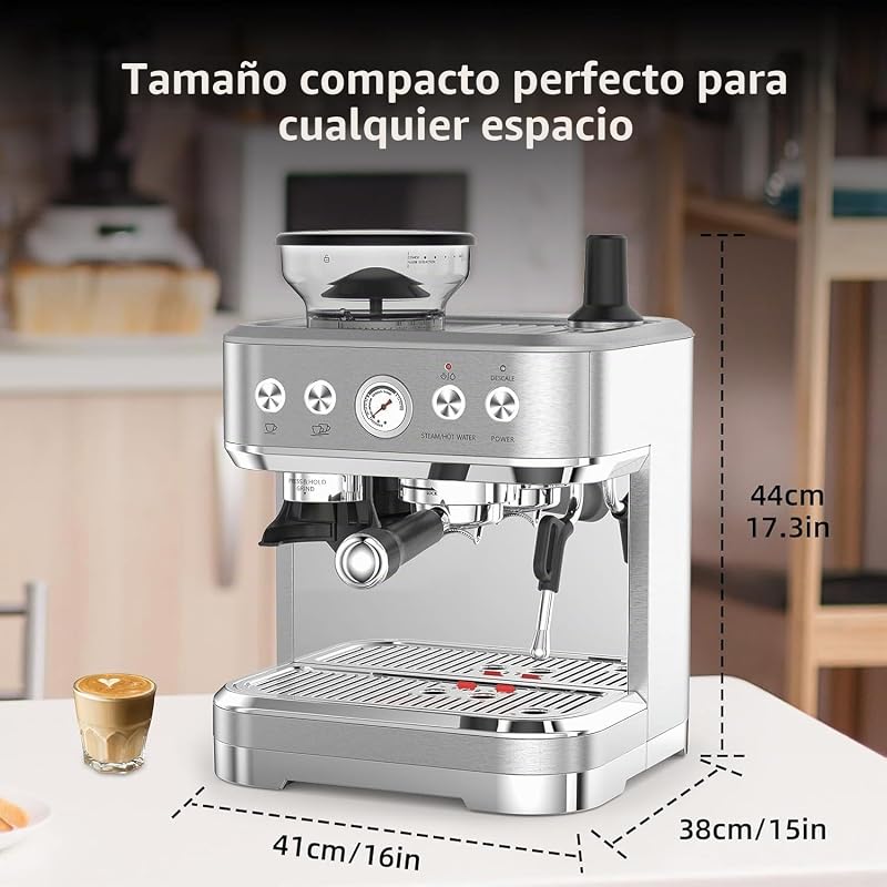 Máquina de café italiana automática com moinho integrado – 15 bares e controlo PID – espresso profissional em casa com bico a vapor, tanque de 2,3L, aço inoxidável, prata
