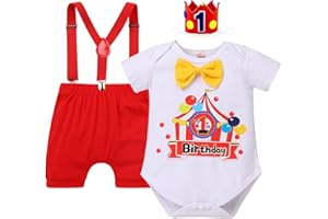 IBTOM CASTLE Circus Carnival First Birthday Outfit Boy Clown Short Sleeve Romper Bodysuit Shorts Crown Headband Clothes Set