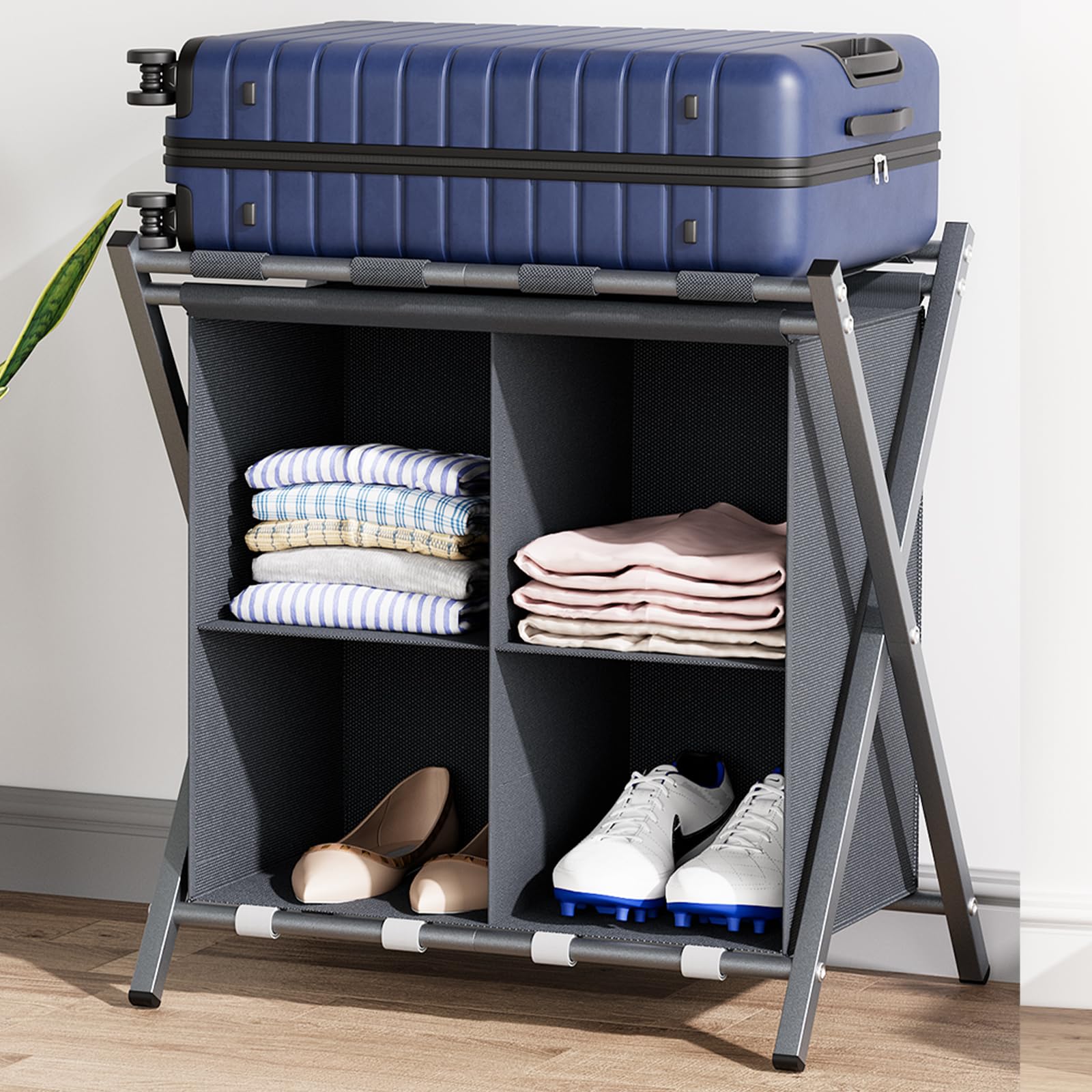 Photo 1 of aboxoo Luggage Rack with storage, Guest Room Folding Suitcase Stands, Holds up to 120 lb, Space Saving Suitcase Holders for guest room, Bedroom Hotel, Grey