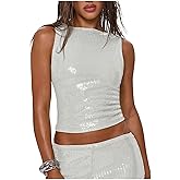 MakeMeChic Women's Sparkly Sequin Tops Y2k Sleeveless Crop Going Out Rave Tops Clubwear